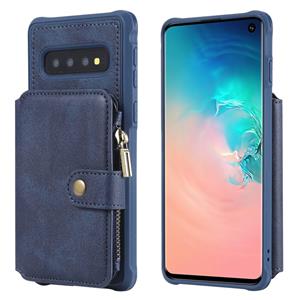 huismerk Voor Galaxy S10 Zipper Shockproof Protective Case met kaartsleuven & beugel & fotohouder & portemonneefunctie(blauw)