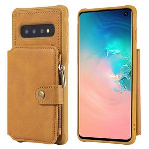 huismerk Voor Galaxy S10 Zipper Shockproof Protective Case met kaartsleuven & beugel & fotohouder & portemonneefunctie(Bruin)