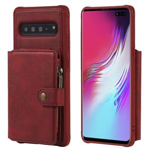 huismerk Voor Galaxy S10 5G Zipper Shockproof Protective Case met Card Slots & Bracket & Photo Holder & Wallet Function(Red)