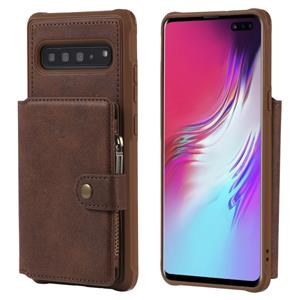 huismerk Voor Galaxy S10 5G Zipper Shockproof Protective Case met Kaartsleuven & Beugel & Fotohouder & Wallet-functie(Koffie)