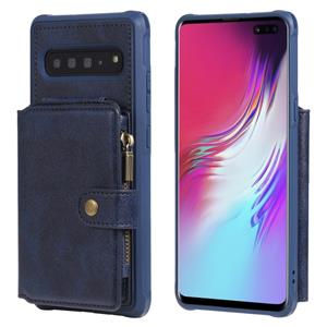 huismerk Voor Galaxy S10 5G Zipper Shockproof Protective Case met kaartsleuven & beugel & fotohouder & portemonneefunctie(blauw)