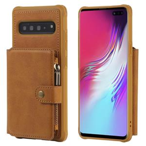 huismerk Voor Galaxy S10 5G Zipper Shockproof Protective Case met Kaartsleuven & Beugel & Fotohouder & Wallet-functie(Bruin)