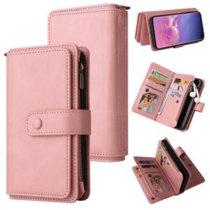 huismerk For Samsung Galaxy S10+ Skin Feel PU + TPU Horizontal Flip Leather Case with Holder & 15 Cards Slot & Wallet & Zipper Pocket & Lanyard(Pink)