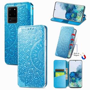 huismerk Voor Samsung Galaxy S20 Ultra Blooming Mandala Embossed Pattern Magnetic Horizontal Flip Leather Case met Holder & Card Slots & Wallet(Blue)