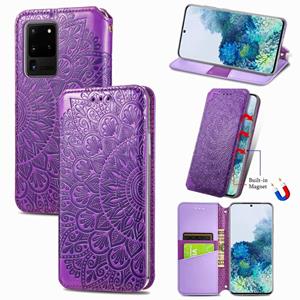 huismerk Voor Samsung Galaxy S20 Ultra Blooming Mandala Embossed Pattern Magnetic Horizontal Flip Leather Case met Holder & Card Slots & Wallet(Paars)