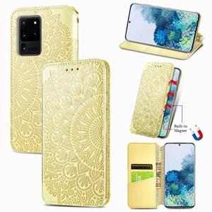 huismerk Voor Samsung Galaxy S20 Ultra Blooming Mandala Embossed Pattern Magnetic Horizontal Flip Leather Case met Holder & Card Slots & Wallet(Geel)