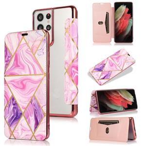 huismerk Voor Samsung Galaxy S21 Ultra 5G Bronzing Plating PU + TPU Horizontale Flip Leren Case met Houder & Card Slot (roze paars)