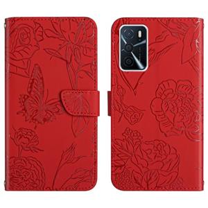 huismerk Voor Oppo A54 4G / A16 Skin Feel Butterfly Peony reliëf lederen telefooncase