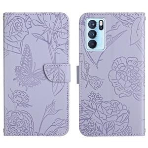 huismerk Voor Oppo Reno6 Pro 5G Skin Feel Butterfly Peony reliëf lederen telefooncase