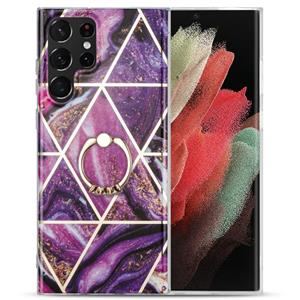 huismerk Voor Samsung Galaxy S21 Ultra 5G Electroplating IMD Marble TPU telefoonhoes met ring