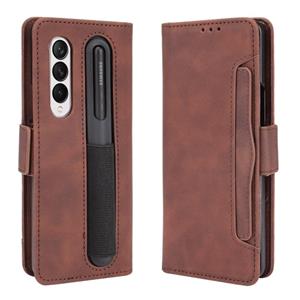 huismerk Voor Samsung Galaxy Z VOUW3 5G Huid Feel Calf Patroon Horizontale Flip Lederen Case met Houder & Card Slots & Photo Frame & Pen Slot (Brown)