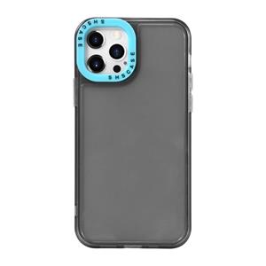 huismerk Color Contrast Lens Frame Transparante TPU-telefooncase voor iPhone 13 (Black + Sky Blue)