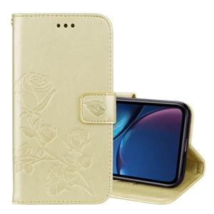 huismerk Rose reliëf horizontale Flip PU lederen case voor iPhone XR met houder & kaartsleuven & portemonnee (goud)