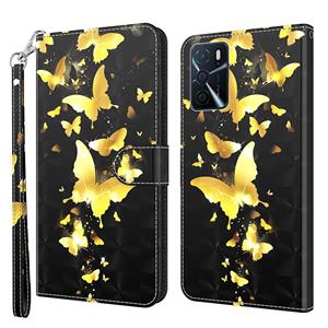 huismerk Voor Oppo A16 / A54 5G 3D-schilderpatroon TPU + PU lederen telefoonhoes (gouden vlinder)