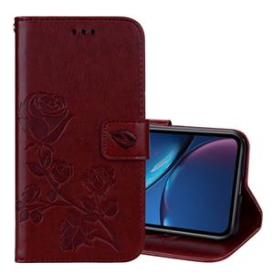 huismerk Rose reliëf horizontale Flip PU lederen case voor iPhone XR met houder & kaartsleuven & portemonnee (bruin)