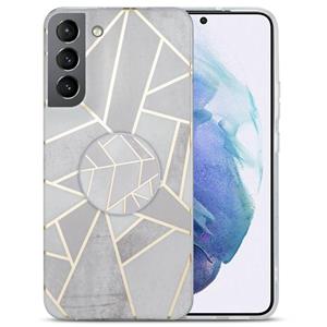 huismerk For Samsung Galaxy S22+ 5G IMD Marble TPU Phone Case with Folding Holder(Grey)