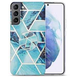 huismerk For Samsung Galaxy S22+ 5G IMD Marble TPU Phone Case with Folding Holder(Blue)