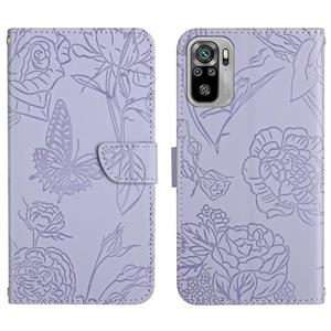 huismerk For Xiaomi Redmi Note 10 4G Skin Feel Butterfly Peony Embossed Leather Phone Case(Purple)