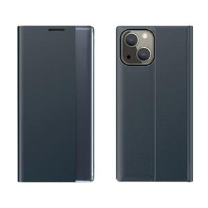 huismerk Voor iPhone 13 Side Window Display Magnetische Zuig Plain Grain Flip PU Lederen + PC Case met Houder (Dark Blue)