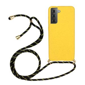 huismerk Voor Samsung Galaxy S21 5G Tarwe stromateriaal + TPU beschermhoes met Lanyard(Geel)