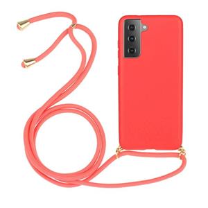 huismerk Voor Samsung Galaxy S21 5G Tarwe stromateriaal + TPU beschermhoes met Lanyard(Rood)