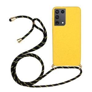 huismerk Voor Samsung Galaxy S21 Ultra 5G Tarwe stromateriaal + TPU beschermhoes met Lanyard(Geel)