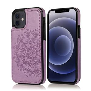 huismerk Double Buckle Mandala Patroon PU+TPU Beschermhoes met kaartslots & houder & fotolijst voor iPhone 12 mini(Paars)