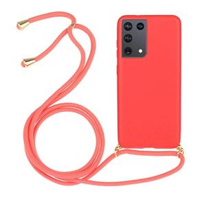 huismerk Voor Samsung Galaxy S21 Ultra 5G Tarwe stromateriaal + TPU beschermhoes met Lanyard(Rood)