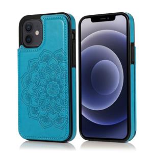 huismerk Double Buckle Mandala Patroon PU+TPU Beschermhoes met kaartslots & houder & fotolijst voor iPhone 12 mini(Blauw)