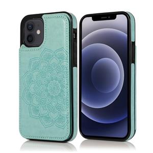 huismerk Double Buckle Mandala Patroon PU+TPU Beschermhoes met kaartslots & houder & fotolijst voor iPhone 12 mini(Groen)