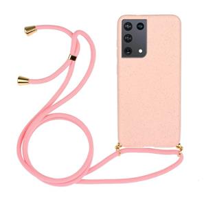 huismerk Voor Samsung Galaxy S21 Ultra 5G Tarwe stromateriaal + TPU beschermhoes met Lanyard(Pink)