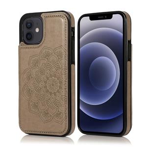 huismerk Double Buckle Mandala Patroon PU+TPU Beschermhoes met kaartslots & houder & fotolijst voor iPhone 12 mini(Grijs)