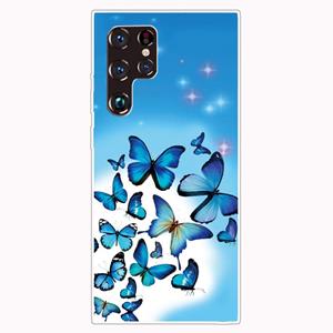 huismerk Voor Samaung Galaxy S22 Ultra 5G Painted Pattern Transparent TPU Telefooncase (Blauwe Vlinder)