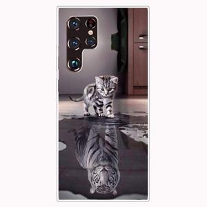 huismerk Voor Samaung Galaxy S22 Ultra 5G Geschilderd Patroon Hoge Transparante TPU-telefooncase (Reflection Cat Tiger)