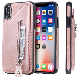 huismerk Voor iPhone X effen kleur dubbele gesp rits schokbestendige beschermende case (Rose goud)