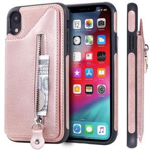 huismerk Voor iPhone XR effen kleur dubbele gesp rits schokbestendige beschermende case (Rose goud)