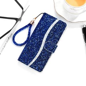 huismerk For iPhone XR Glitter Powder Horizontal Flip Leather Case with Card Slots & Holder & Lanyard(Blue)