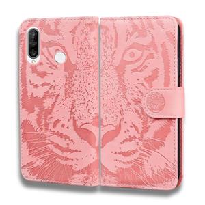 Huismerk Voor Huawei P30 Lite / nova 4e Tiger Embossing Pattern Horizontale Flip Lederen Case met Holder & Card Slots & Wallet(Pink)