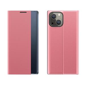 huismerk Voor iPhone 13 Mini Side Window Display Magnetische Zuig Plain Grain Flip PU Lederen + PC Case met Houder (Pink)