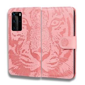Huismerk Voor Huawei P40 Pro Tiger Embossing Pattern Horizontale Flip Lederen Case met Holder & Card Slots & Wallet(Pink)