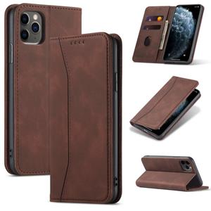 huismerk Skin-feel Kalfsleer textuur Magnetische dual-fold horizontale flip lederen hoes met houder & kaartslots & portemonnee voor iPhone 12 mini(Koffie)