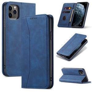 huismerk Skin-feel Kalfsleer textuur Magnetische dual-fold horizontale flip lederen hoes met houder & kaartslots & portemonnee voor iPhone 12 mini(Blauw)