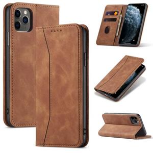 huismerk Skin-feel Kalfsleer textuur Magnetische dual-fold horizontale flip lederen hoes met houder & kaartslots & portemonnee voor iPhone 12 mini(Bruin)