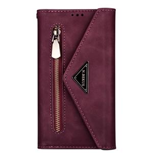 huismerk Voor iPhone 6 Plus Skin Feel Zipper Horizontale Flip Lederen case met Holder & Card Slots & Photo Frame & Lanyard & Long Rope(Wine Red)