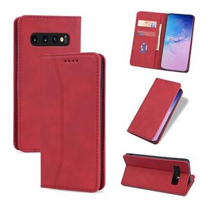 huismerk Voor Samsung Galaxy S10 Skin-feel Kalfsleren Textuur Magnetische dual-fold horizontale flip lederen kast met Holder & Card Slots & Wallet(Rood)