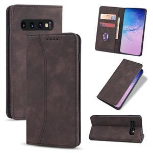 huismerk Voor Samsung Galaxy S10 Skin-feel Kalfsleren Textuur Magnetische dual-fold horizontale flip lederen kast met Holder & Card Slots & Wallet(Koffie)