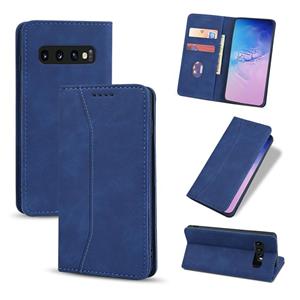 huismerk Voor Samsung Galaxy S10 Skin-feel Kalfsleren Textuur Magnetische dual-fold horizontale flip lederen kast met Holder & Card Slots & Wallet(Blauw)