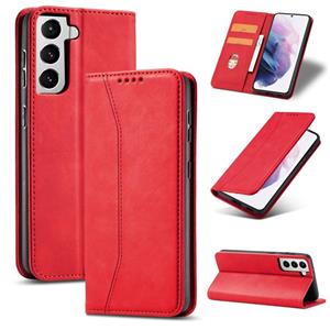 huismerk Voor Samsung Galaxy S21+ 5G Skin-feel Kalfsleren Textuur Magnetische dual-fold horizontale flip lederen hoes met Holder & Card Slots & Wallet(Rood)