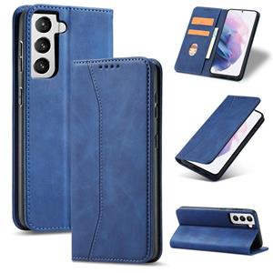 huismerk Voor Samsung Galaxy S21+ 5G Skin-feel Kalfsleren Textuur Magnetische dual-fold horizontale flip lederen hoes met Holder & Card Slots & Wallet(Blauw)