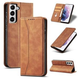 huismerk Voor Samsung Galaxy S21+ 5G Skin-feel Kalfsleren Textuur Magnetische dual-fold horizontale flip lederen hoes met Holder & Card Slots & Wallet(Bruin)